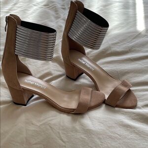 7.5. Isabel Marant Tan Suede Block Heel Sandals with Silver Cuff